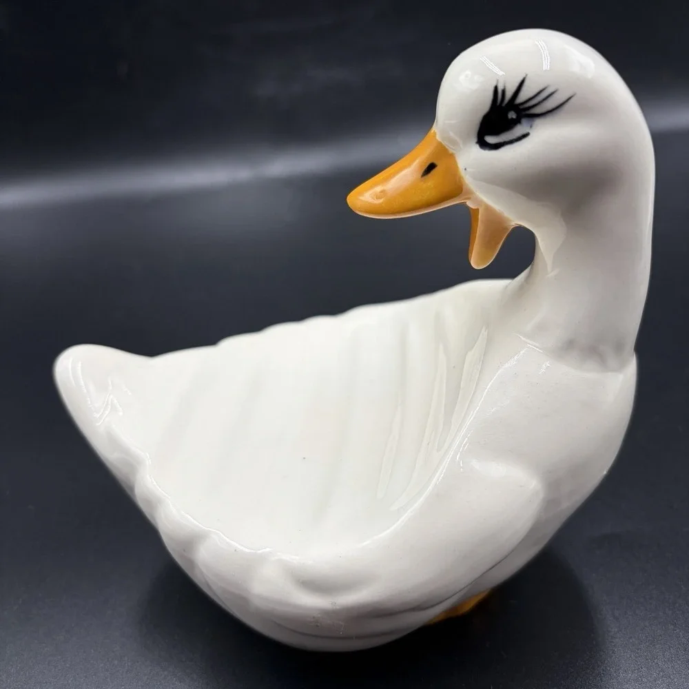 Vintage MCM Ceramic Duck Goose Soap Dish Cottage Core White Yellow